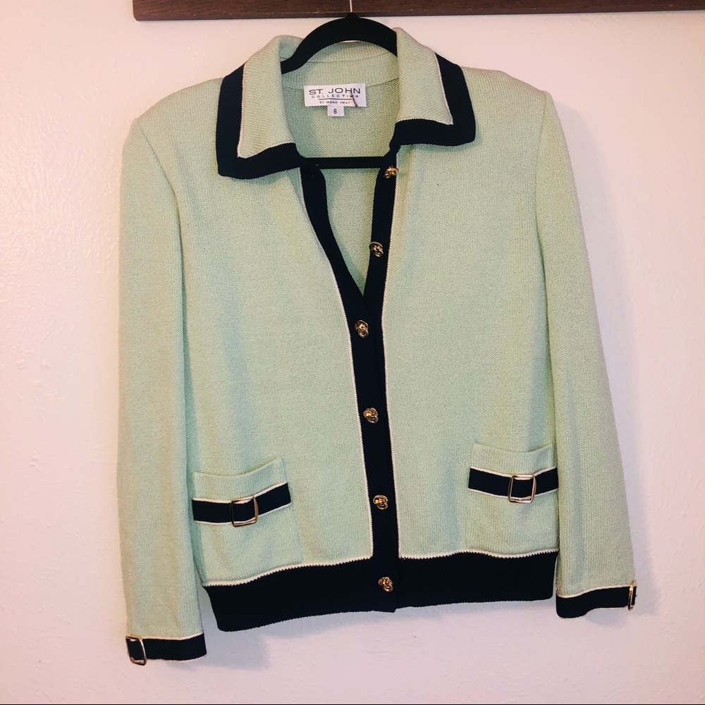 St.John Collection green Santana knit button up jacket